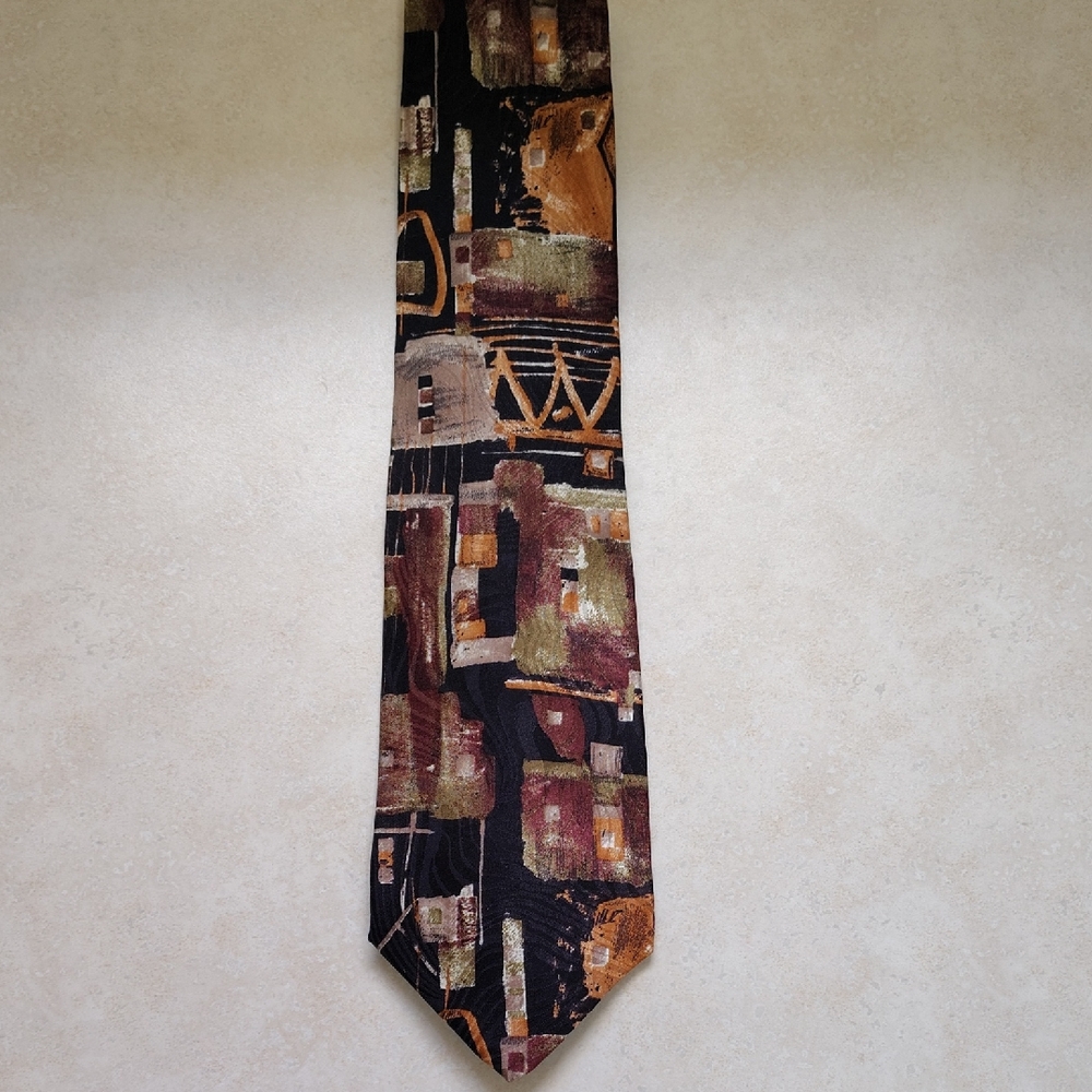Abstract Patterned Silk Tie - Black, Green, and Brown